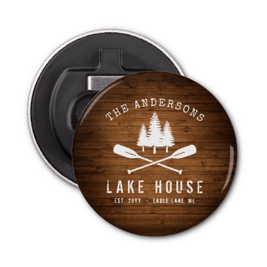 Rustic Lake House Boat Oars Trees Wood Print Button Flesopener (Voorkant)