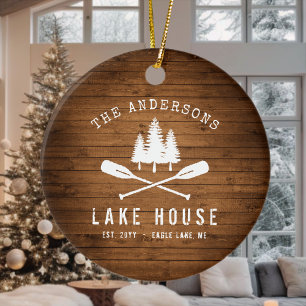 Rustic Lake House Boat Oars Trees Wood Print Keramisch Ornament