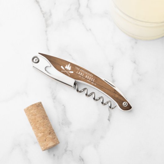 Rustic Lake House Boat Oars Trees Wood Print Kurkentrekker (Voorkant)