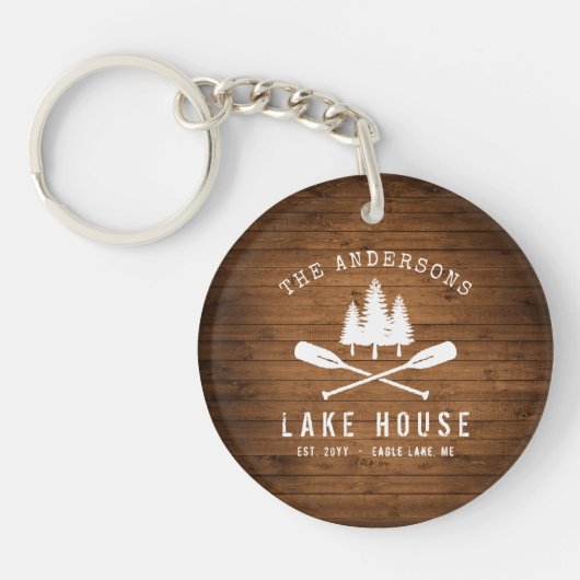 Rustic Lake House Boat Oars Trees Wood Print Sleutelhanger (Voorkant)