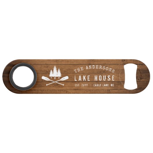 Rustic Lake House Boat Oars Trees Wood Print Speed Flessenopener (Voorkant (Horizontaal))