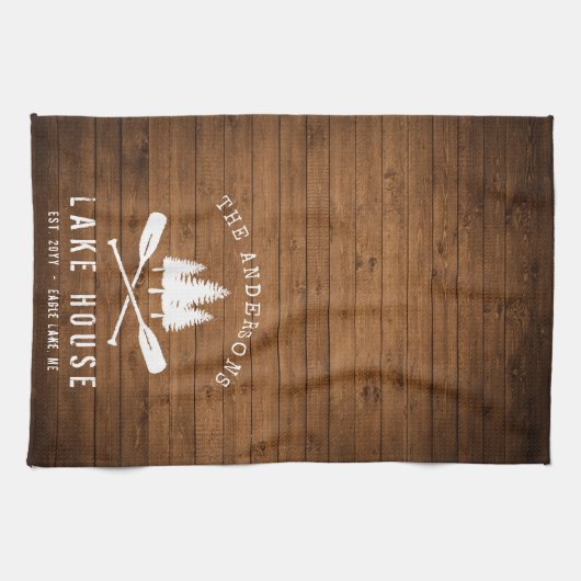 Rustic Lake House Boat Oars Trees Wood Print Theedoek (Horizontaal)