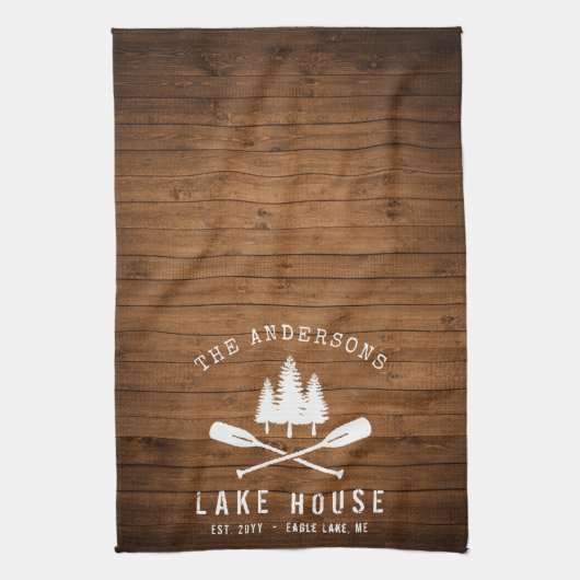 Rustic Lake House Boat Oars Trees Wood Print Theedoek (Verticaal)
