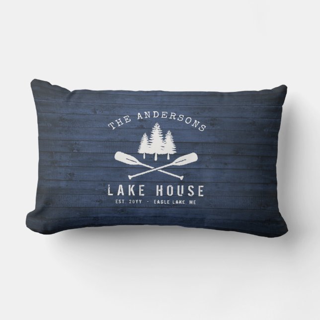 Rustic Lake House Oars Trees Blue Wood Print Patio Buitenkussen (Voorkant)