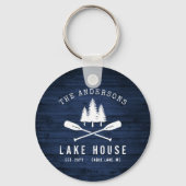 Rustic Lake House Oars Trees Blue Wood Print Round Sleutelhanger (Voorkant)