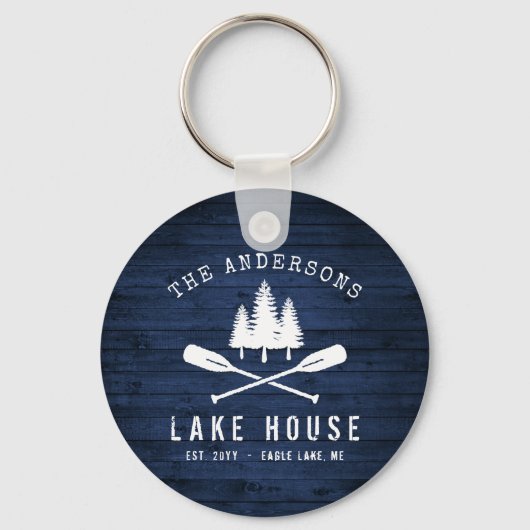 Rustic Lake House Oars Trees Blue Wood Print Round Sleutelhanger (Voorkant)