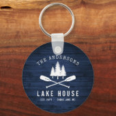 Rustic Lake House Oars Trees Blue Wood Print Round Sleutelhanger (Voorkant)
