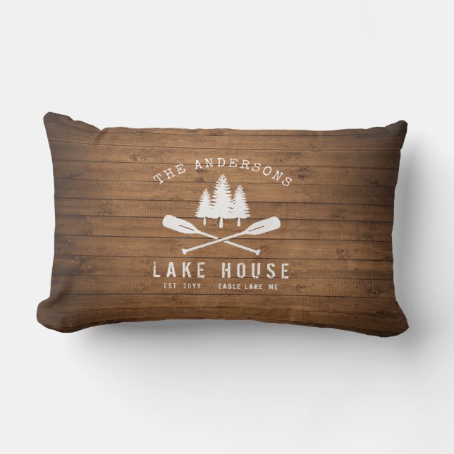 Rustic Lake House Oars Trees Wood Plank Print Buitenkussen (Voorkant)