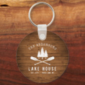 Rustic Lake House Oars Trees Wood Print Round Sleutelhanger (Voorkant)