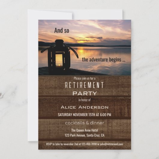 Rustic Lake Lantern Sunset Retirement Party Kaart (Voorkant)