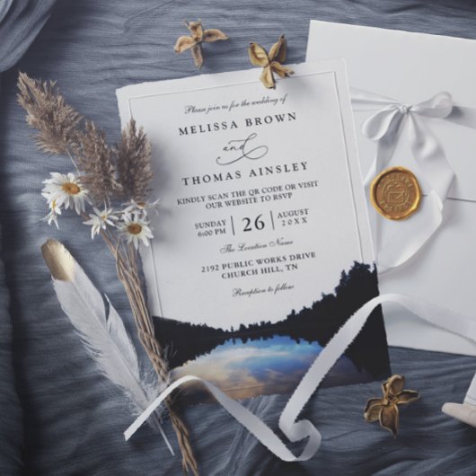 Rustic Lake Reflections Lakeside QR Code Wedding Kaart