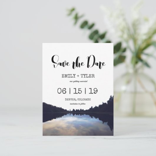 ©Rustic Lake Reflections Lakeside Save the Date Aankondigingskaart (Staand voorkant)