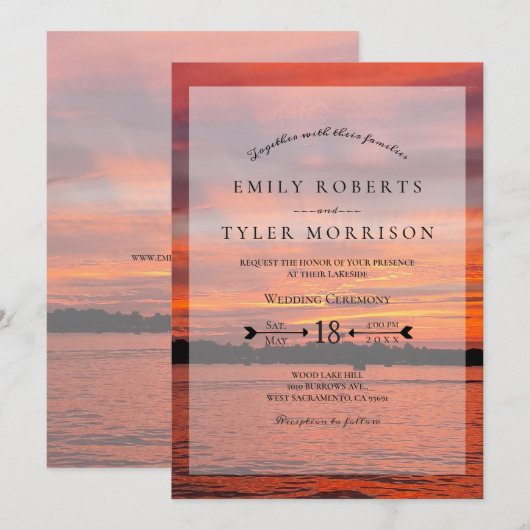 Rustic Lake Sunset Lakeside Wedding Invites © Kaart (Voorkant / Achterkant)