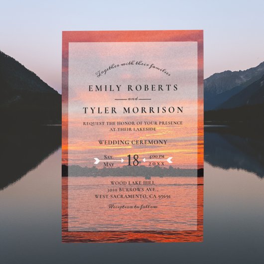 Rustic Lake Sunset Lakeside Wedding Invites © Kaart