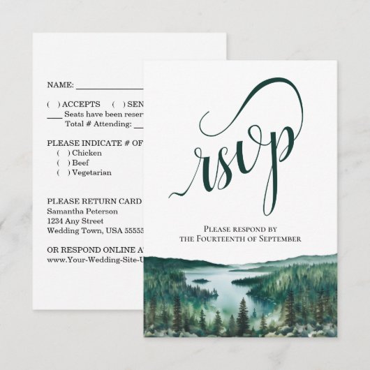 Rustic Lake Tahoe Elegant Script Wedding RSVP Kaartje (Voorkant / Achterkant)