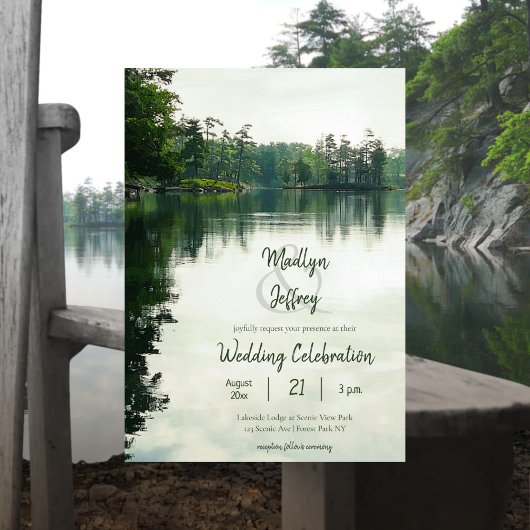 Rustic lakeside evergreens reflection wedding kaart