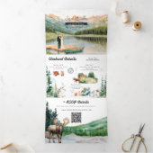 Rustic Lakeside Mountain | Illustrated Wedding Drieluik Uitnodiging (Binnen)