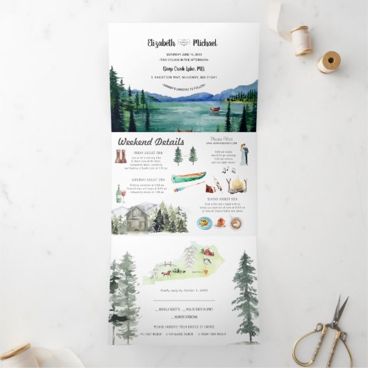 Rustic Lakeside Mountain | Illustratief huwelijk Drieluik Uitnodiging (Binnen)