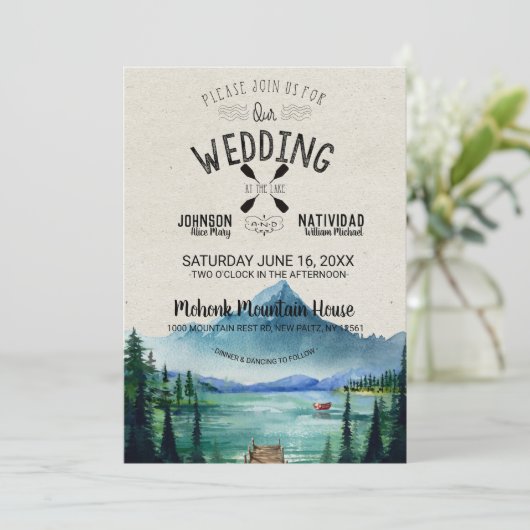 Rustic Lakeside Mountain Wedding Kaart (Staand voorkant)
