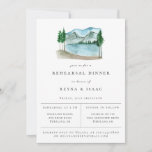 Rustic Lakeview Rehearsal Dinner Aankondiging<br><div class="desc">De Rustische waterverf bergachtige plek,  repetitieve uitnodiging voor het diner. Chic en eenvoudig typografisch ontwerp met een blauwe achtergrond van oxford.</div>