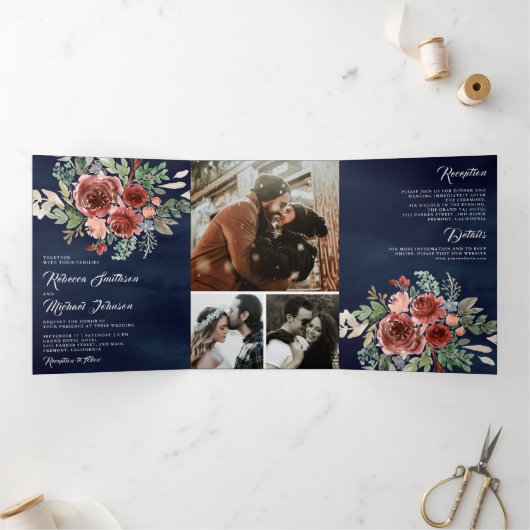 Rustic Land Marsala Floral Navy Blue Wedding Drieluik Uitnodiging (Binnen)