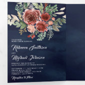 Rustic Land Marsala Floral Navy Blue Wedding Drieluik Uitnodiging (Binnenzijde eerst)