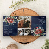 Rustic Land Marsala Floral Navy Blue Wedding Drieluik Uitnodiging