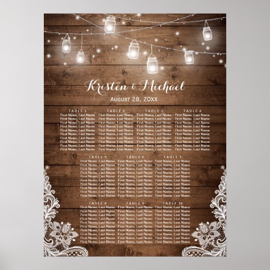 Rustic Land String Lights Wedding Seating Chart Poster (Voorkant)