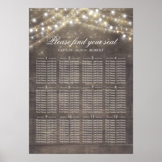 Rustic Land String Lights Wedding Seating Chart Poster (Voorkant)