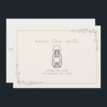 Rustic Lantern Amethyst Wedding Save The Date<br><div class="desc">Amethyst grijze kleurenillustratie van de  olielantaarn met de botanische grens van de lijnkunst. De achtergrond is wit.</div>