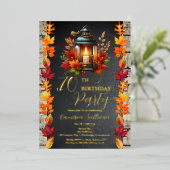 Rustic Lantern and Leaves Fall 70th Birthday Party Folie Uitnodiging (Staand Voorkant)