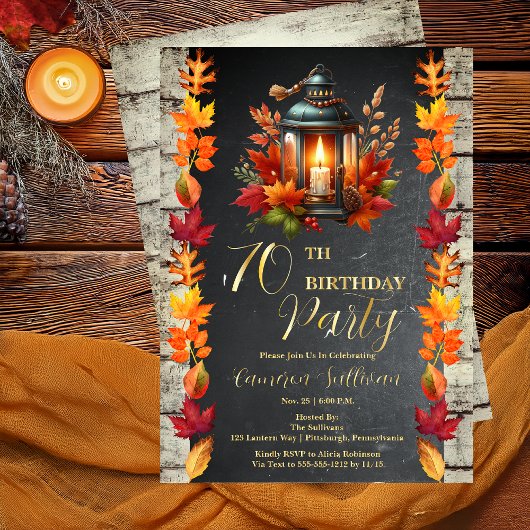 Rustic Lantern and Leaves Fall 70th Birthday Party Folie Uitnodiging