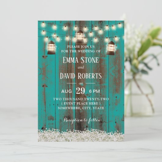 Rustic Lantern & Baby's Breath Blauwgroen Barn Wed Kaart (Staand voorkant)
