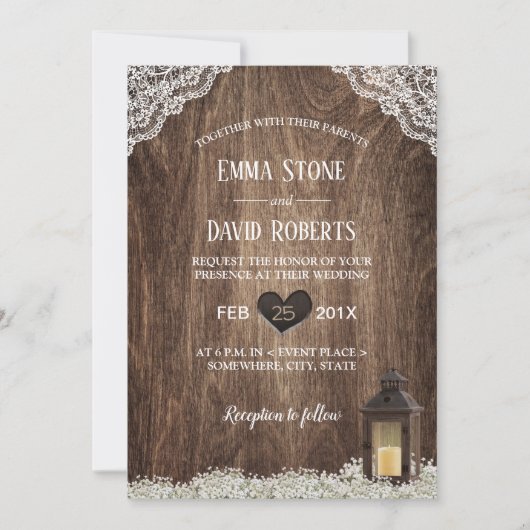 Rustic Lantern & Baby's Breath Laced Wood Wedding Kaart (Voorkant)