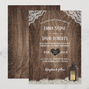 Rustic Lantern & Baby's Breath Laced Wood Wedding Kaart