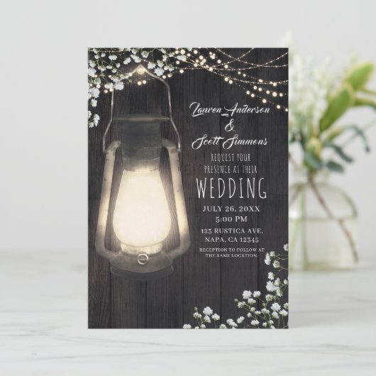 Rustic Lantern Baby's Breath & Lights Wedding Kaart (Staand voorkant)