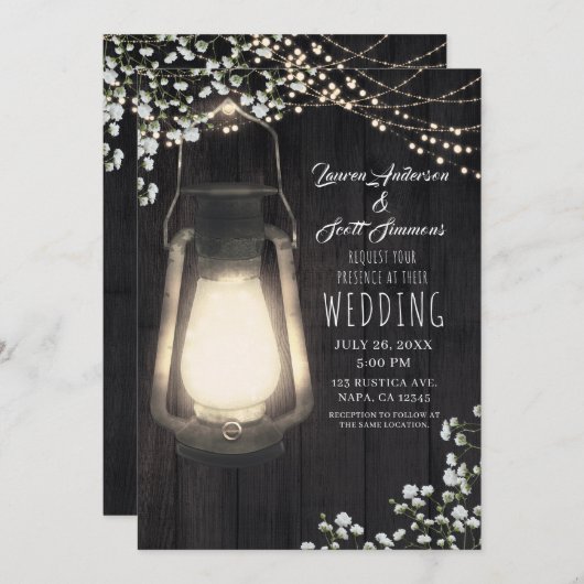 Rustic Lantern Baby's Breath & Lights Wedding Kaart (Voorkant / Achterkant)