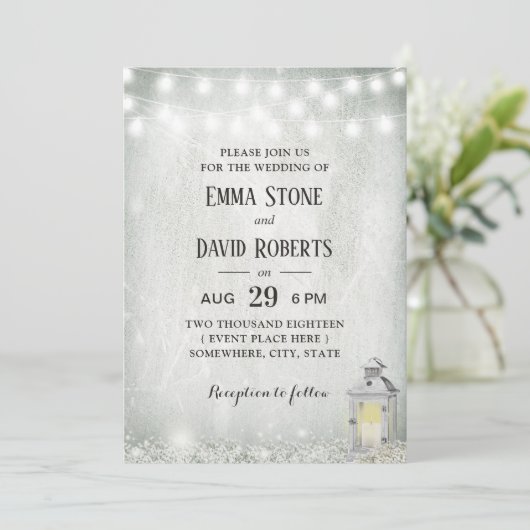 Rustic Lantern Baby's Breath String Lights Wedding Kaart (Staand voorkant)