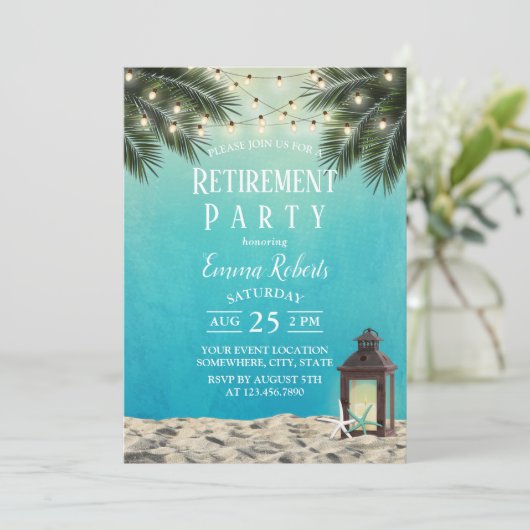 Rustic Lantern Beach Palm Trees Retirement Party Kaart (Staand voorkant)