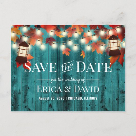 Rustic Lantern Blauwgroen Fall Wedding Save the Da Aankondigingskaart (Voorkant)