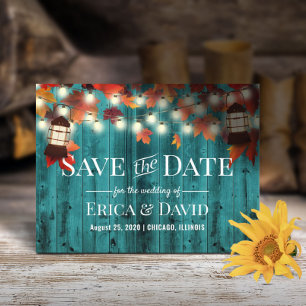 Rustic Lantern Blauwgroen Fall Wedding Save the Da Aankondigingskaart