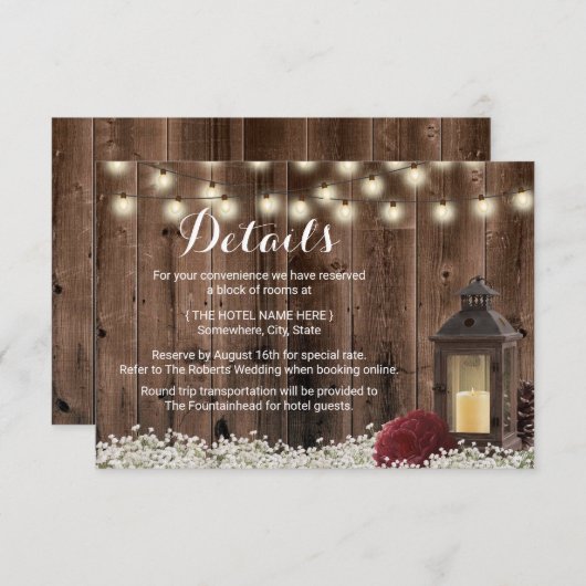 Rustic Lantern & Bourgogne Flower Wedding Details Kaart (Voorkant / Achterkant)