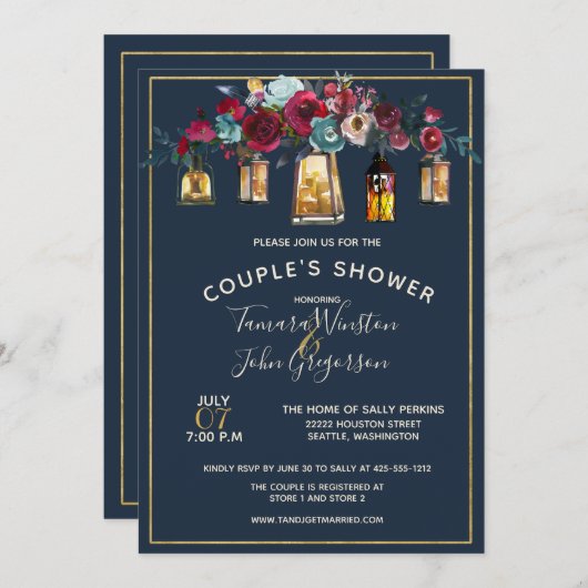 Rustic Lantern Burgundy Navy Couple's Shower Kaart (Voorkant / Achterkant)