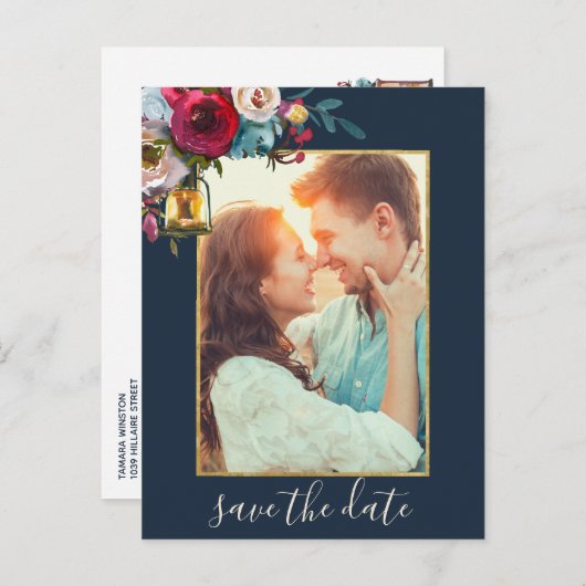 Rustic Lantern Burgundy Navy Photo Save the Date Aankondigingskaart (Voorkant / Achterkant)