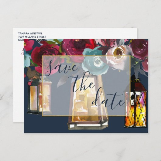 Rustic Lantern Burgundy Navy Save the Date Aankondigingskaart (Voorkant / Achterkant)