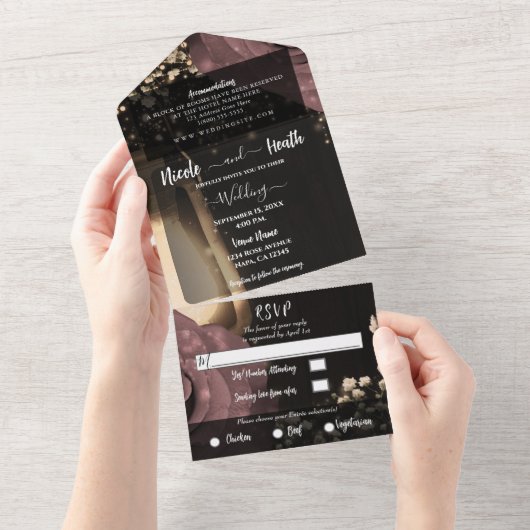 Rustic Lantern Dusty Pink Mauve Rozen Weddenschap All In One Uitnodiging (Afscheurbaar)