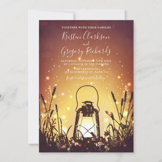 Rustic Lantern en Fireflies Wedding Kaart (Voorkant)