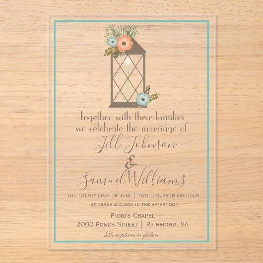 Rustic Lantern Floral Acryl Uitnodigingen (Voorkant)