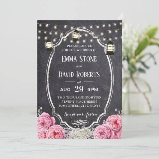 Rustic Lantern  Floral Chalkboard Wedding Kaart (Staand voorkant)