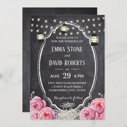 Rustic Lantern  Floral Chalkboard Wedding Kaart (Voorkant / Achterkant)